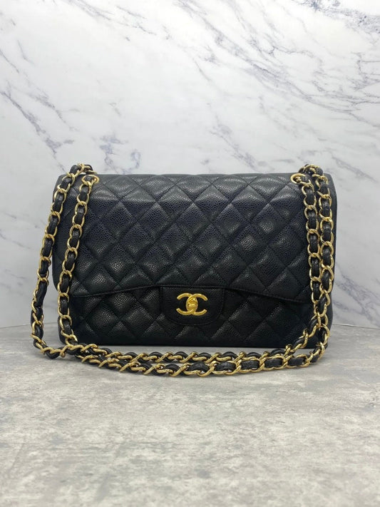 Preloved Chanel Classic Flap Black-Gold Jumbo Caviar Leather Shoulder Bag