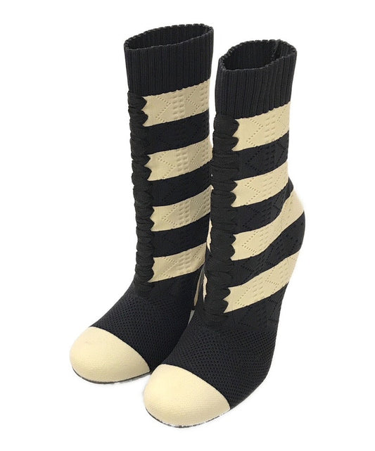 Preloved Fendi Stripe Sock Black Beige Boots