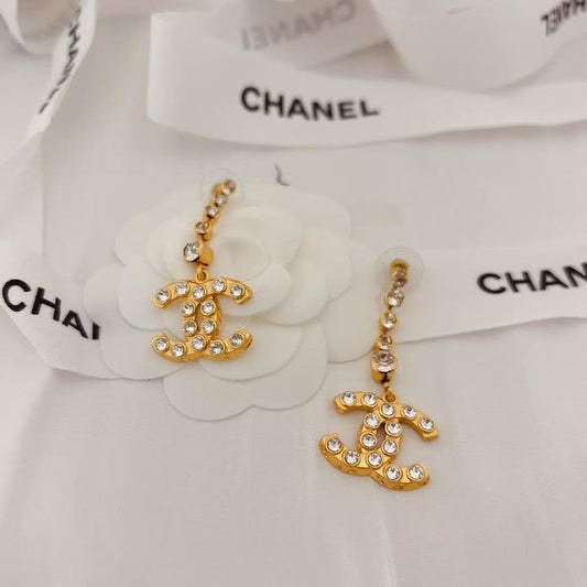 Preloved Chanel CC Crystal Gold Drop Earrings