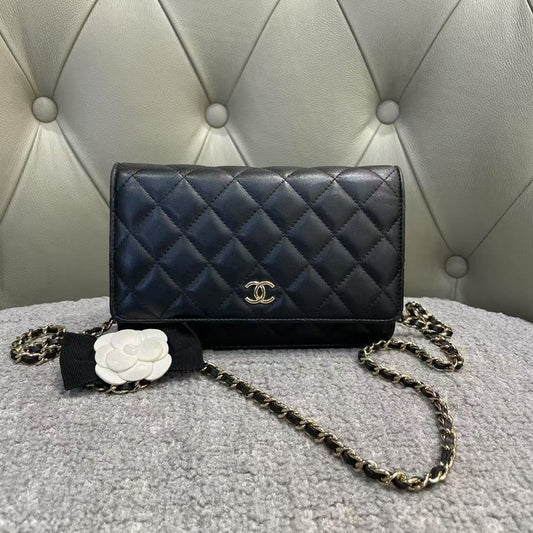 Preloved Chanel Quilted Black Leather Wallet on Chain Shoulder Bag
