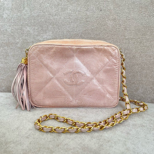 Preloved Chanel Camera Bag in Blush Pink Exotic Leather Crossbody Bag