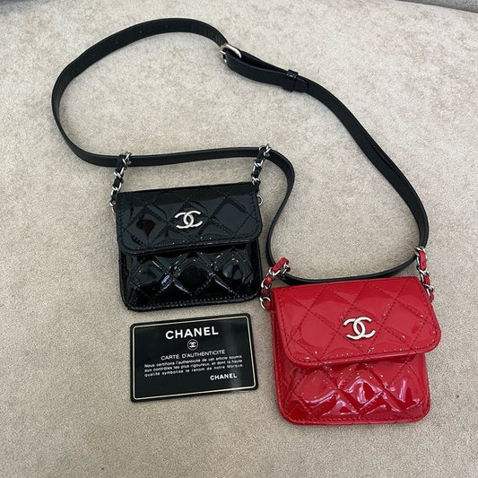 Preloved Chanel Mini Crossbody Bag Black Red Patent Leather Vintage