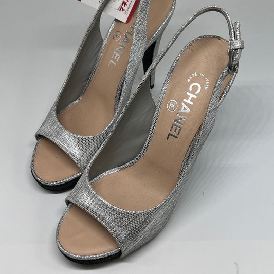 Preloved Chanel Slingback Silver High Heel Pumps Size 38