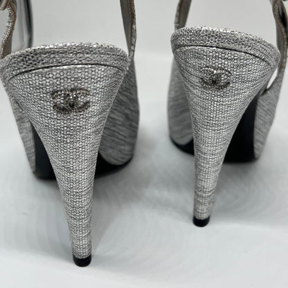 Preloved Chanel Slingback Silver High Heel Pumps Size 38