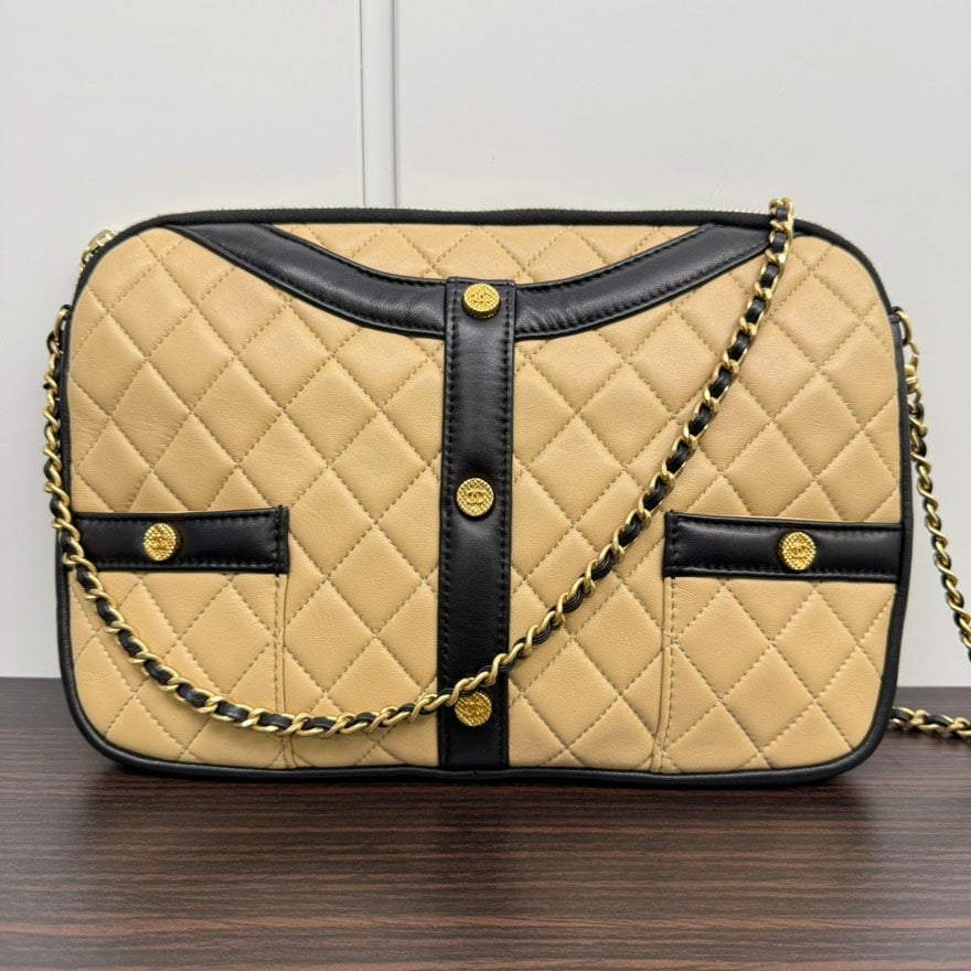 Vintage Chanel Lambskin Beige Jacket-Motif Chain Shoulder Bag