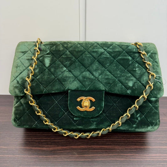 Vintage Chanel Velvet Classic Double Flap Bag LB110101 Green Shoulder Bag