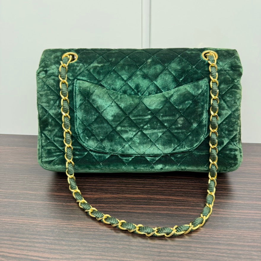Vintage Chanel Velvet Classic Double Flap Bag LB110101 Green Shoulder Bag