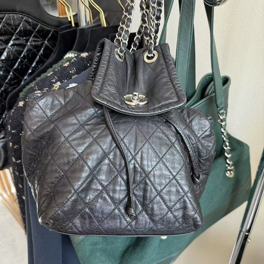 Preloved Chanel Vintage Quilted Black Leather Backpack