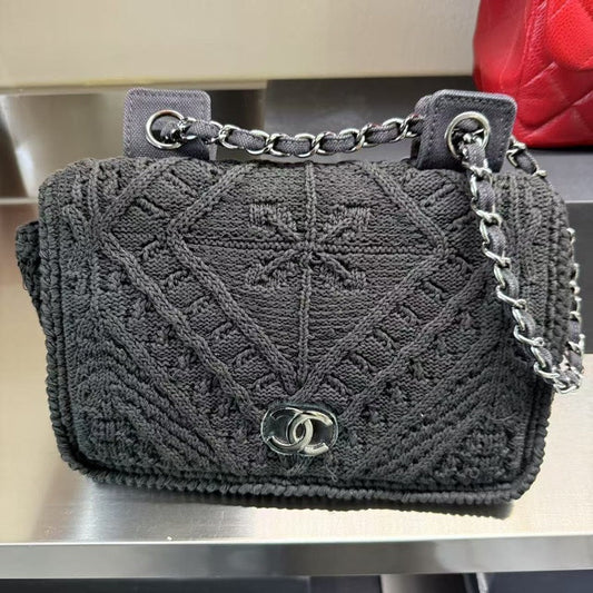 Chanel Black Knit Shoulder Bag - Preloved Medium Crossbody with Silver Hardware