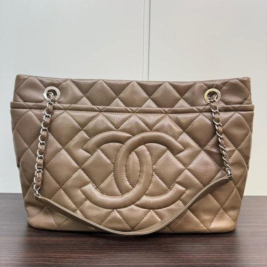Chanel Caviar Leather Chain Tote Bag Beige