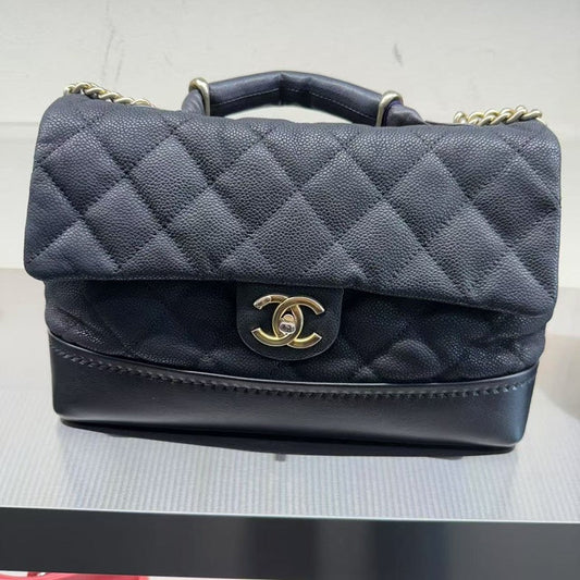 Preloved Chanel Quilted Flap Black Leather Top Handle Bag
