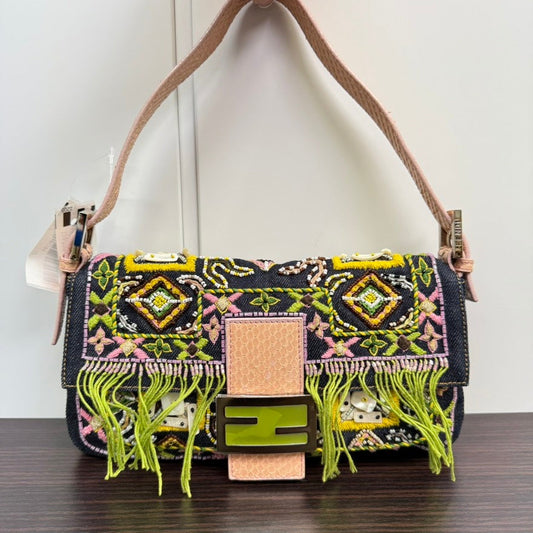 Rare✨ Preloved Fendi Python Beaded Denim Baguette Shoulder Bag LB110112 in Multicolor