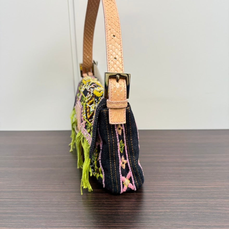 Rare✨ Preloved Fendi Python Beaded Denim Baguette Shoulder Bag LB110112 in Multicolor