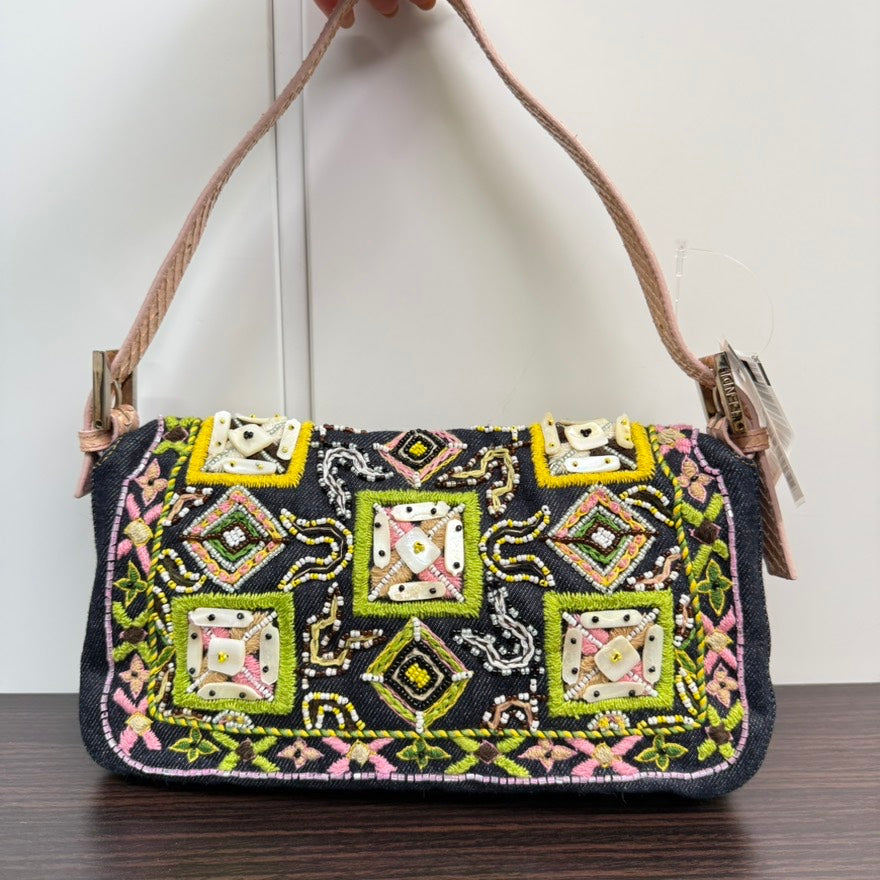Rare✨ Preloved Fendi Python Beaded Denim Baguette Shoulder Bag LB110112 in Multicolor