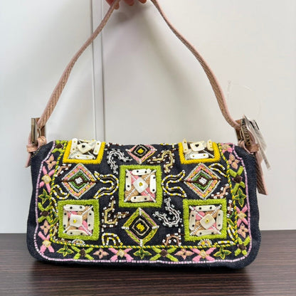 Rare✨ Preloved Fendi Python Beaded Denim Baguette Shoulder Bag LB110112 in Multicolor