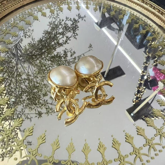Preloved Chanel Statement Gold Ivory Earrings OS