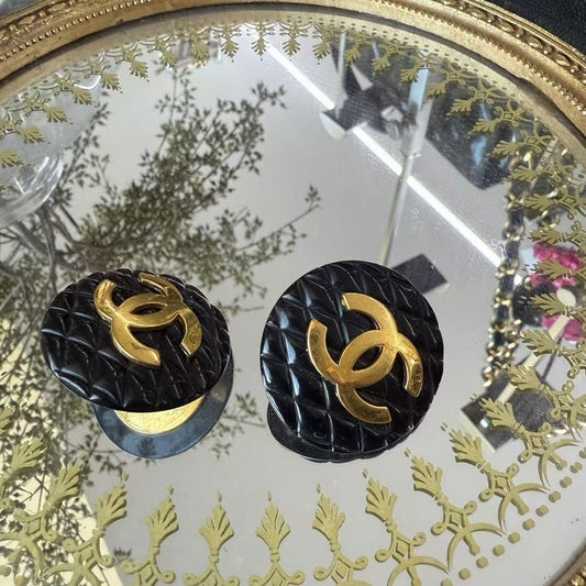 Preloved Chanel Quilted CC Logo Black Gold Earrings