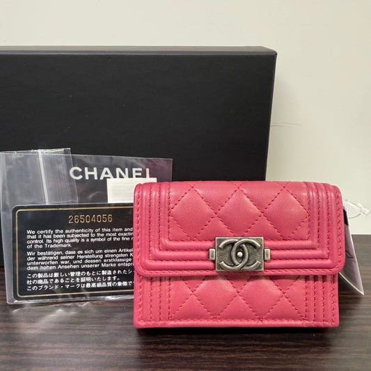 Chanel Boy Calfskin Compact Wallet in Pink - Preloved N423560